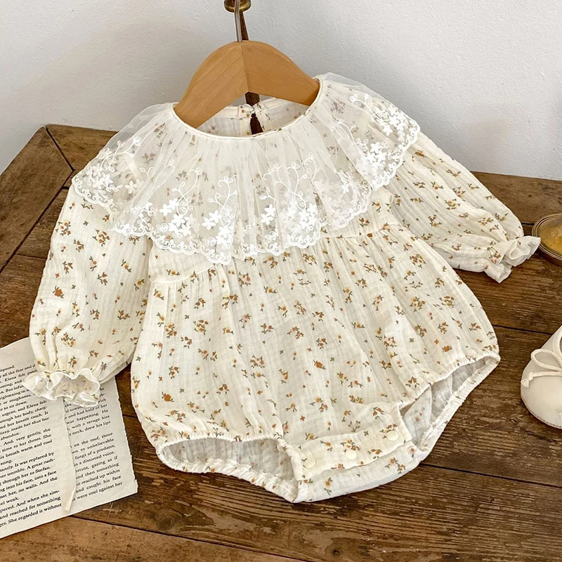 

Демисезонный Детский комбинезон с длинным рукавом и кружевным воротником для маленьких девочек