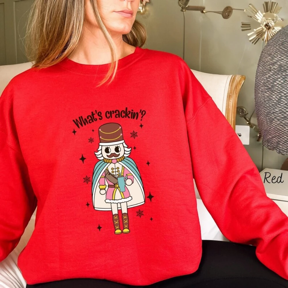 Whats Crackin' Sweatshirt Christmas Nutcracker Shirt Cute Funny Retro Crewneck Pullover Top Party Holiday Apparel Winter Clothes nutcracker pattern socks custom retro fashion socks female men s