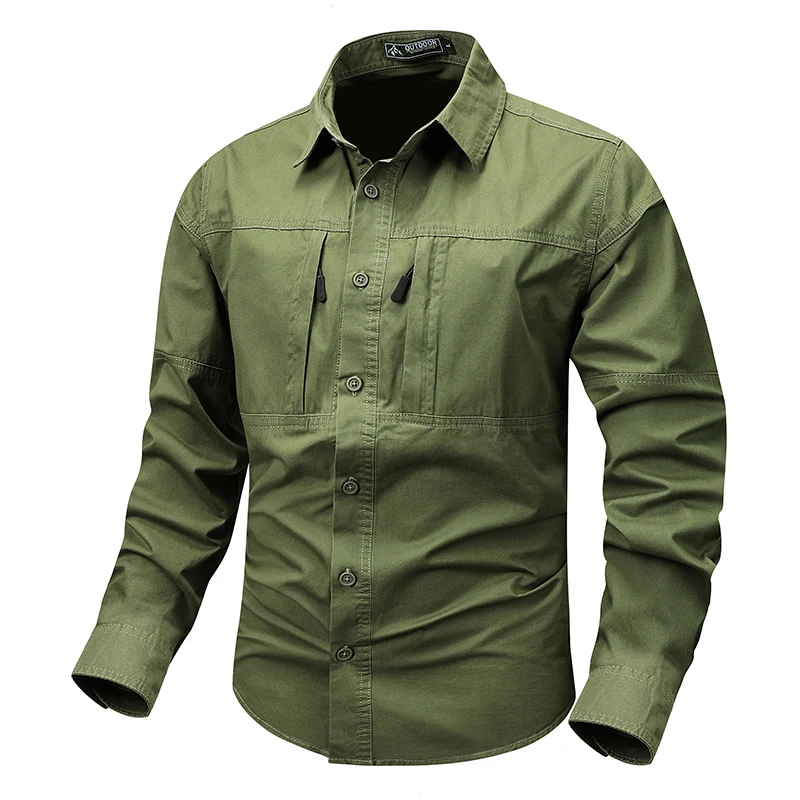 Men's Tactical Hiking Long Sleeve Shirt Big Pocket Cargo Button Up Shirt mens t shirts
