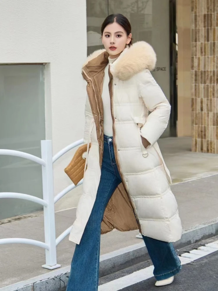

Winter New Women Fox Fur Hooded White Duck Down Jacket Long Big Fur Collar Thick Warm Coat with Belt Windproof Parkas Outwear