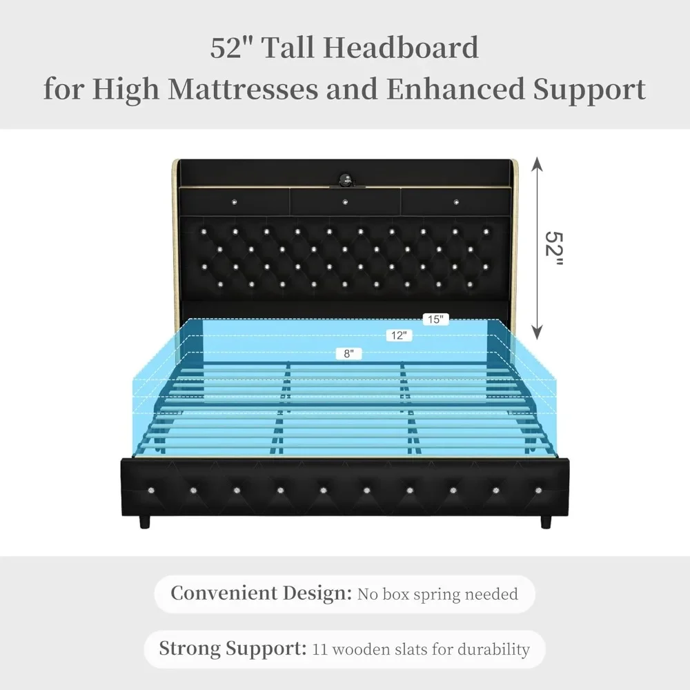 Queen LED Upholstered Bed Frame with Charging Station 3