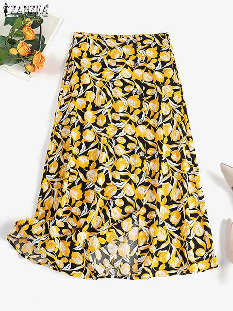

ZANZEA Casual Floral Printing Midi Skirts Women Fashion High Waist Bohemian Button Up Long Skirts Holiday Oversized A-line Jupes