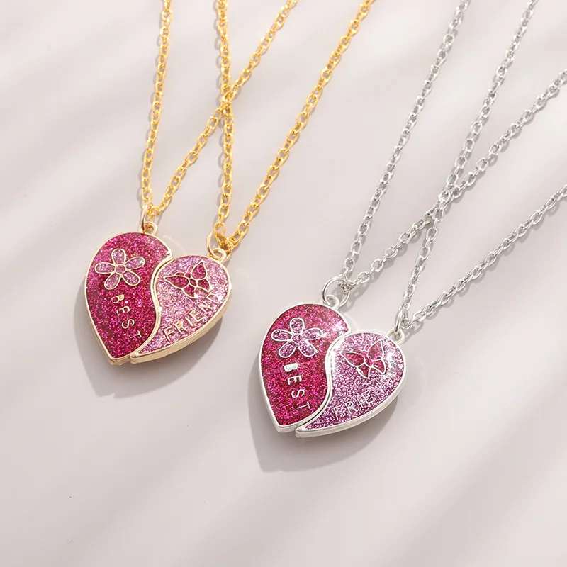 2 Stück Pailletten-Herz-Magnet-Halskette für Frauen und Mädchen, modisches gebrochenes Herz, Schlüsselbeinkette, BFF, beste Freunde, Schmuck, Geschenke – Detail 2