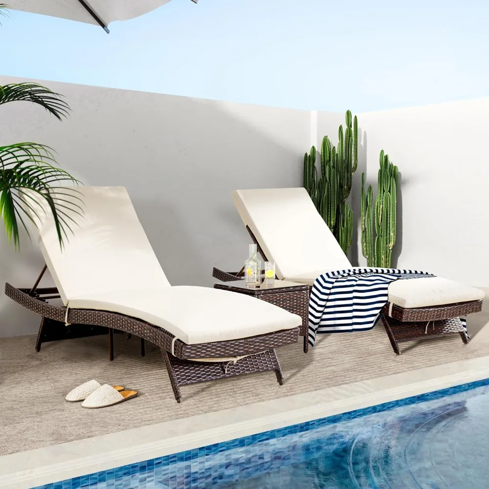 

Set 3 Pieces Chaise Lounge with Adjustable Backrest and Removable Cushion, Outdoor Pool Chair for Patio Poolside Backyard Porch
