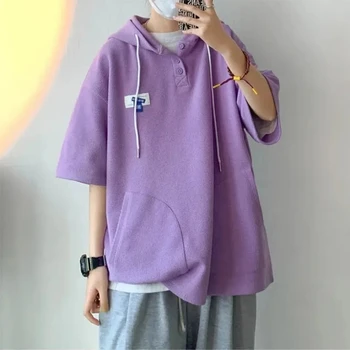 봄 여름 패션 솔리드 캐주얼 남성 루즈 스포티 쿨 보이, 부드러운 대학 스타일 와플 후디, 풀오버 셔츠, 반팔 탑
