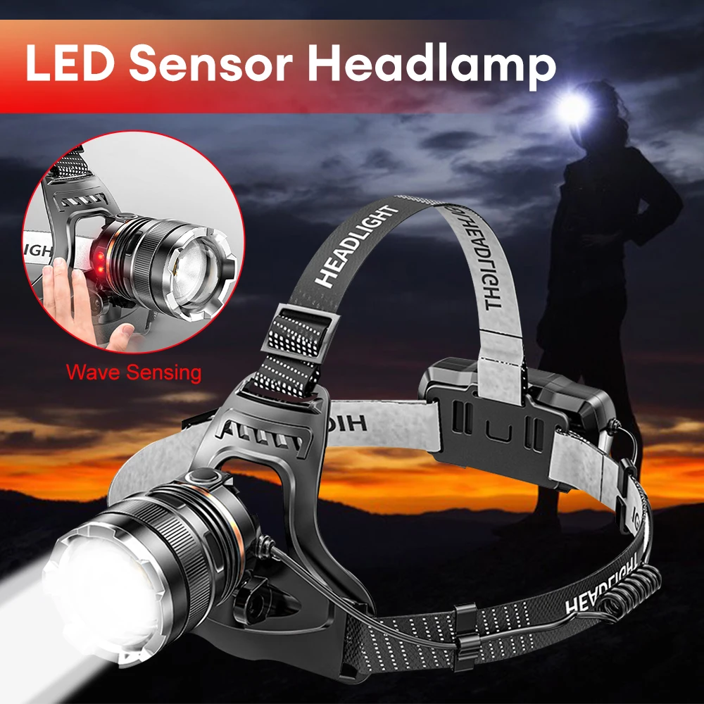 

High Power Headlamp XHP50 LED Headlight 4 Modes Adjustable 90° Rechargeable Sensor Headlamp For Outdoor Fishing Camping Running