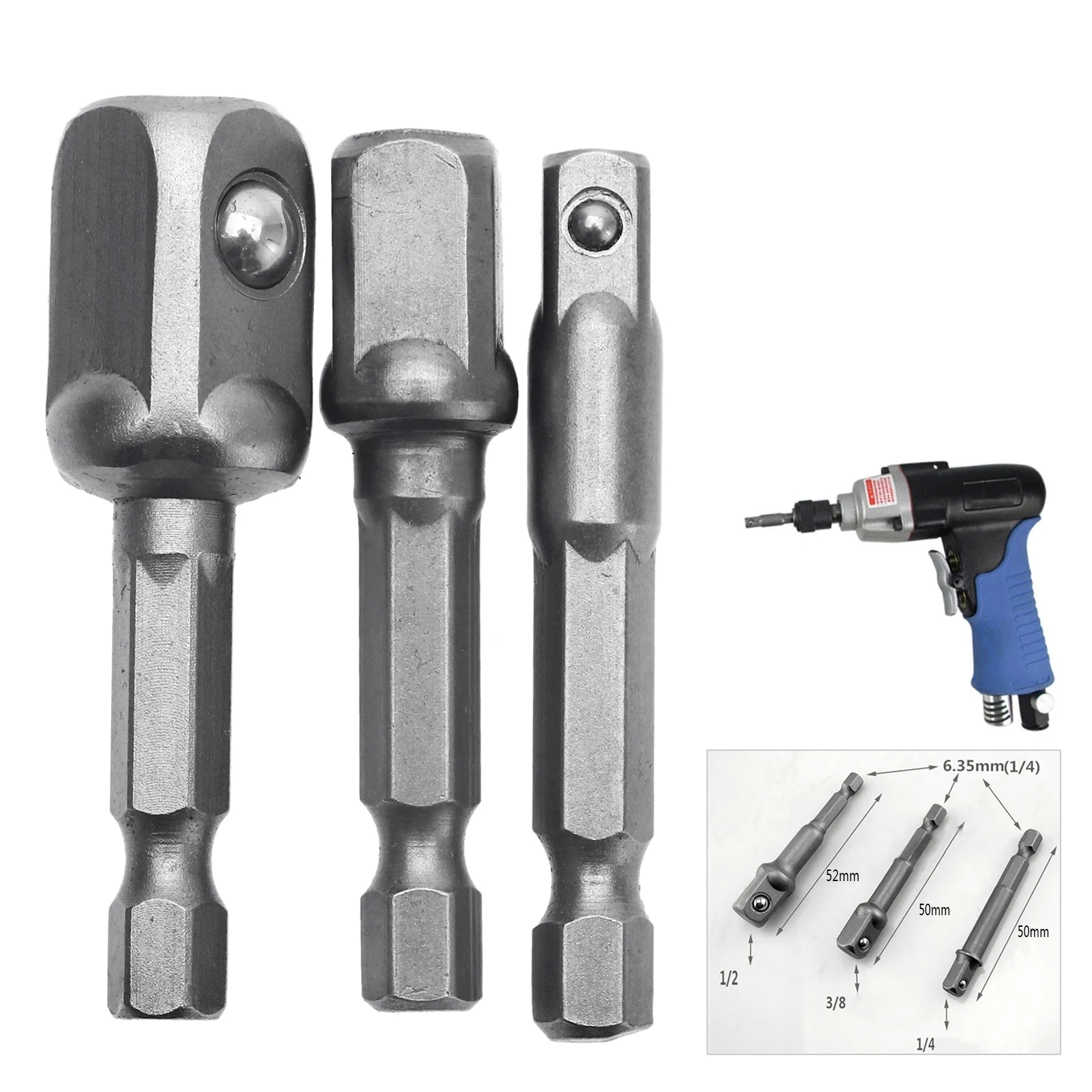 

DRELD 3pcs Vanadium Steel Socket Adapter Set Woodworking Tools Hex Shank to 1/4" 3/8" 1/2" Extension Drill Bits Drill Power Tool