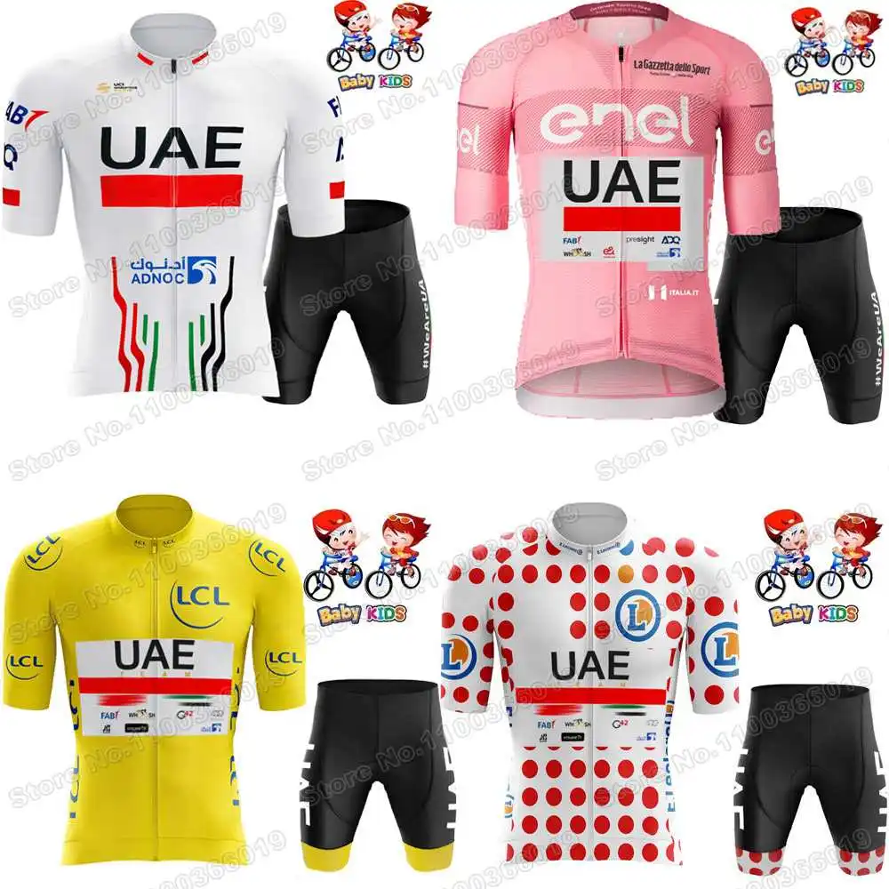 2024 UAE 팀 키즈 사이클링 저지 세트, 프랑스 TDF 사이클링 의류, 노란색 녹색 흰색 물방울 무늬 로드 바이크 셔츠 정장, 자전거 바지