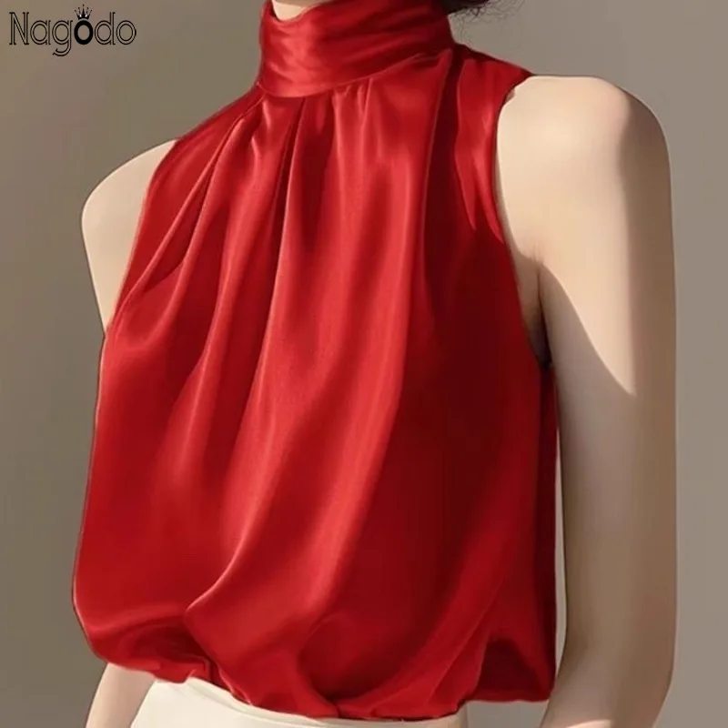 849058-52a07a.jpg 2025 Silkly Satin Sleeveless Crop Top Summer Half Turtleneck Women Pulover Tee Halter Vest Lady Loose Shirts Red party Blouses - Image 1