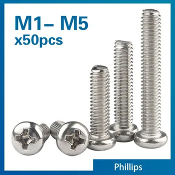50 ชิ้น/ล็อต Cross Recessed PM Pan สกรูหัวกลม M1.2 M1.4 M1.6 M2 M2.5 A2-70 สแตนเลส Phillips เครื่องสกรู 1