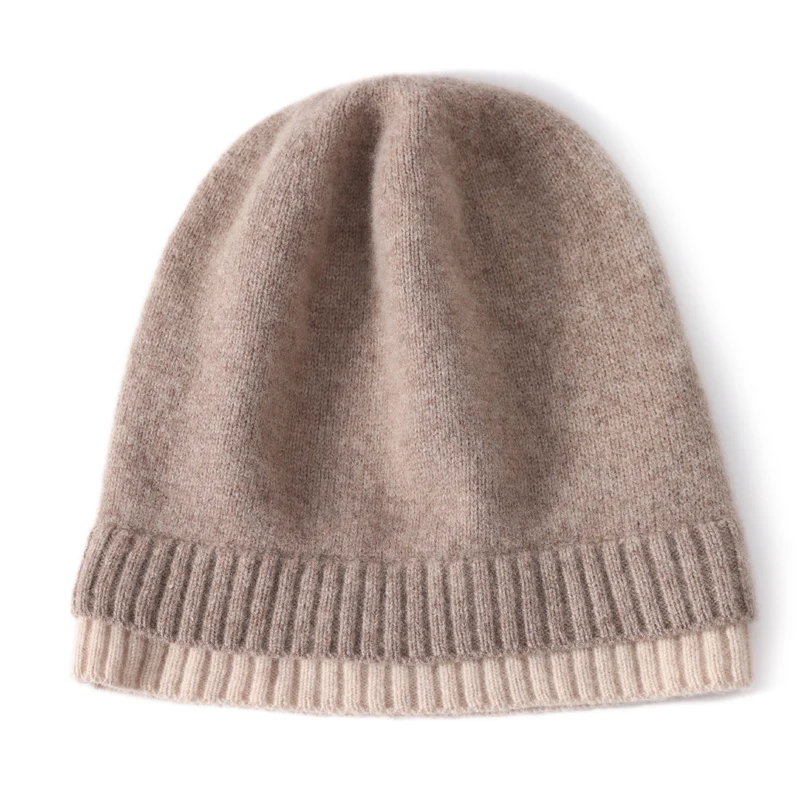 100%Wool Women Knitted Beanies Autumn Winter Warm Soft Cozy Cashmere Hats Fashion 2 Layer Hem Bonnet Outdoor Ski Skullies Cap 3