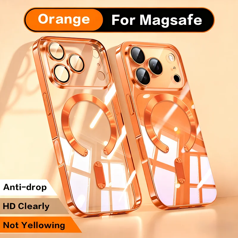 Elegant Orange Magnetic Clear Case with Wireless Charging Capabilities - Stylish and Durable Soft Plating Cover
