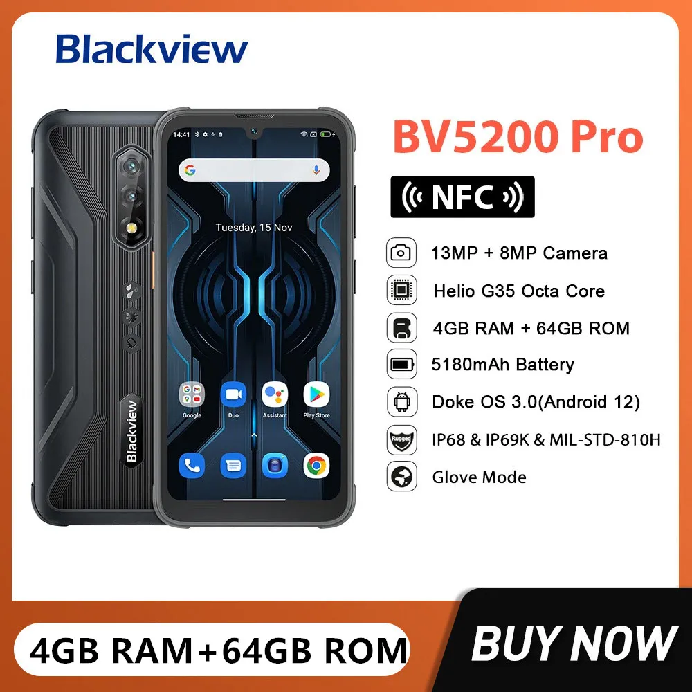 

Blackview BV5200 Pro Rugged Smartphones Octa Core 4GB+64GB 6.1Inch HD 13MP Camera Android 12 Mobile Phone 5180mAh Battery NFC