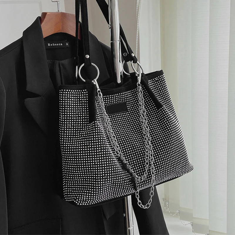 Women's Fashion Luxury Design Shopper Totes Large-Capacity pu Leather Rhinestones Shoulder Handbag Female Brand Top Handle Bags