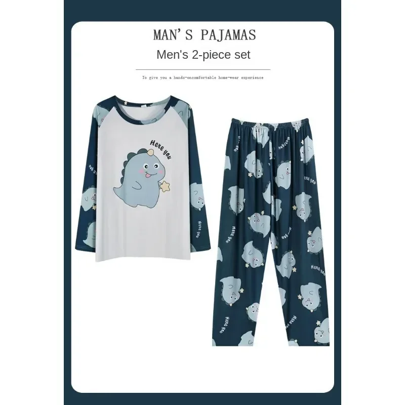 Pajamas Set of Men Cotton Long-Sleeved Simple Cartoon Dinosaur Sleepwear Homewear Students Two-Piece Nightwear Loungewear pajama sets