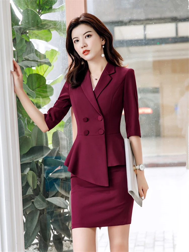 Women Skirt Suit 2 Pieces Set Fashion Ruffles Blazer Hlaf Sleeve Top Business Suit Office Ladies Work Wear Uniform Interview khaki color slim long sleeve suit blazer women professional office ladies work wears daily interview business suit coat spring