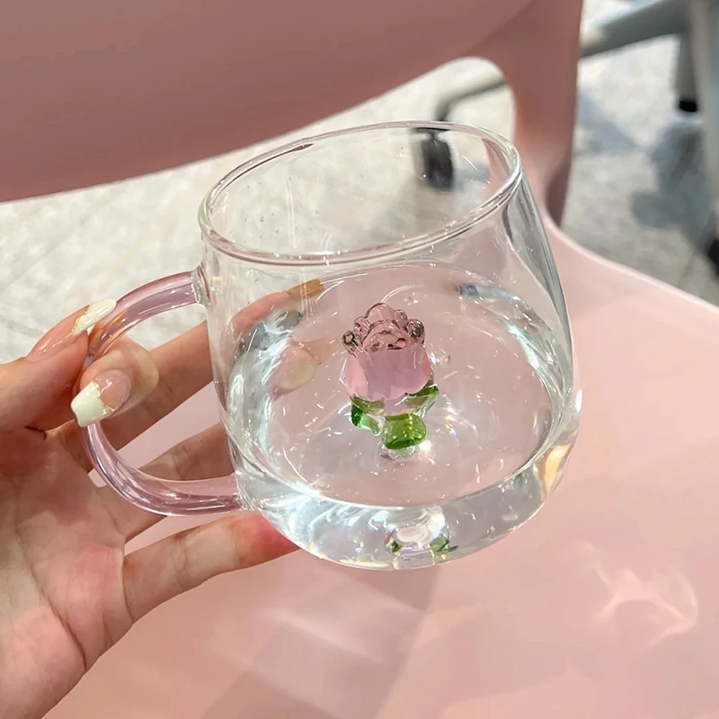 3D Rose Glass Cup with Handle Household Breakfast Cup for Juice Coffee  Clear Mug cute Tea Milk Cup copas de cristal de colores