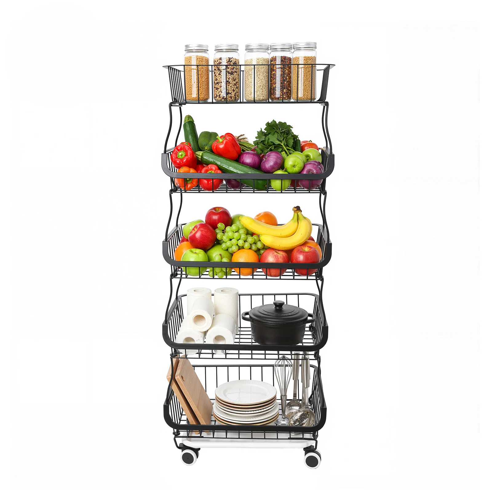 5-stufiger Küchen-Aufbewahrungswagen aus Metall mit Rädern, 10 kg pro Stufe, verstellbarer Organizer für Obst, Gemüse, Gewürze, Speisekammer – Detail 6