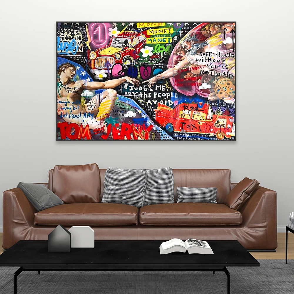 

Pop Street Graffiti Art Prints Creation of Adam Oil Painting Canvas Print Large Canvas Painting Living Room Decor for Gallery