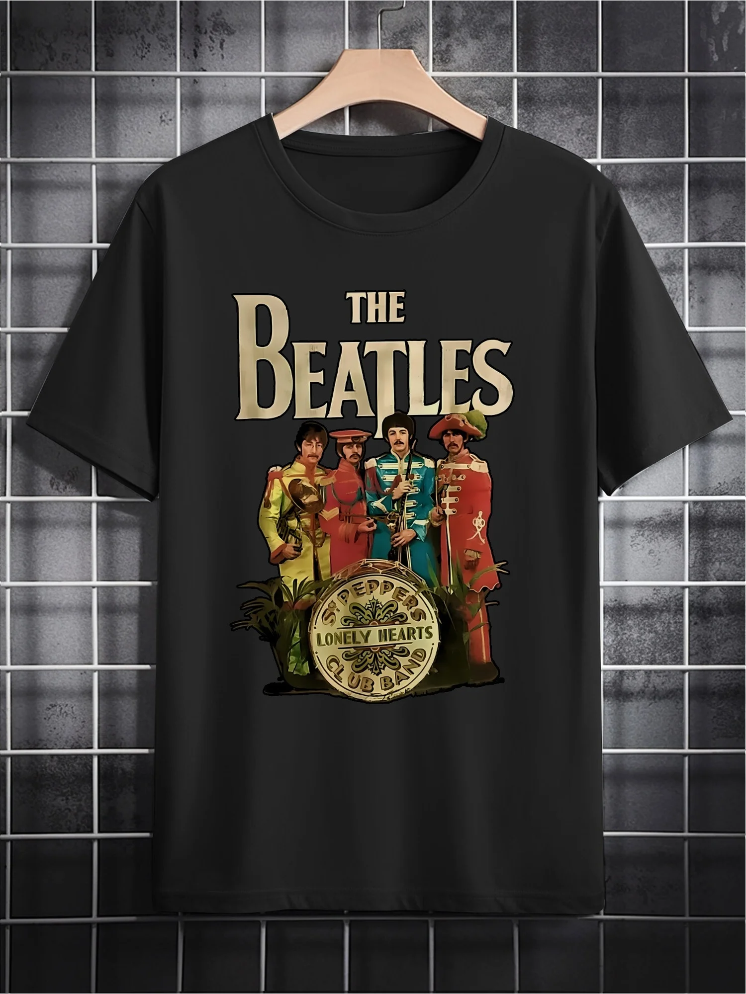 Men's T-Shirt Casual Round Neck Featuring a Fun Beatles Print Black Patterned Summer Gift for Men Machine Washable Cotton Fabric Summer Wear Modern Style Durable Print