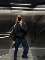 Blouson Bomber Noir Oversize pour Femme, Manches Bouffantes, Haut Drapé Croisé, Coupe Courte, Vêtement d'extérieur Décontracté, Collection Printemps Femme 4
