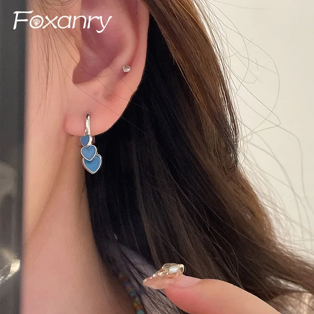 Foxanry Blue Drip Glaze Heart Tassel Drop Earrings For Women Vintage Sweet Trendy Elegant Delicate Waterproof Party Jewelry Gift