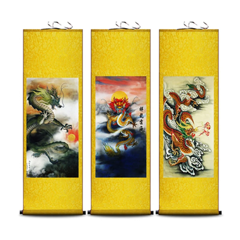 Chinese Animal Drawing Dragon Fish and Phoenix Wall Art, Hanging Silk Painting, Scroll,Living Room Decoration