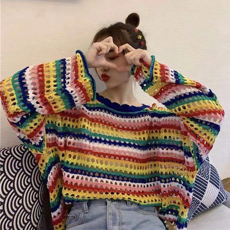

2023 new European and American sewn sweater loose medium color foreign trade round neck striped sweater women