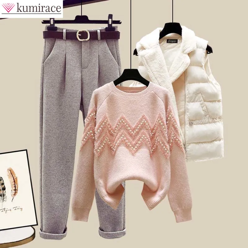 2022 Winter New Elegant Women's Pants Set Pearl Inlaid Knitted Sweater Cotton Tank Top Casual Flocking Trousers Three Piece Set pearl diary women loose pants summer solid color stretch high waist drapey trousers wide leg femme elegant soft pant plus size