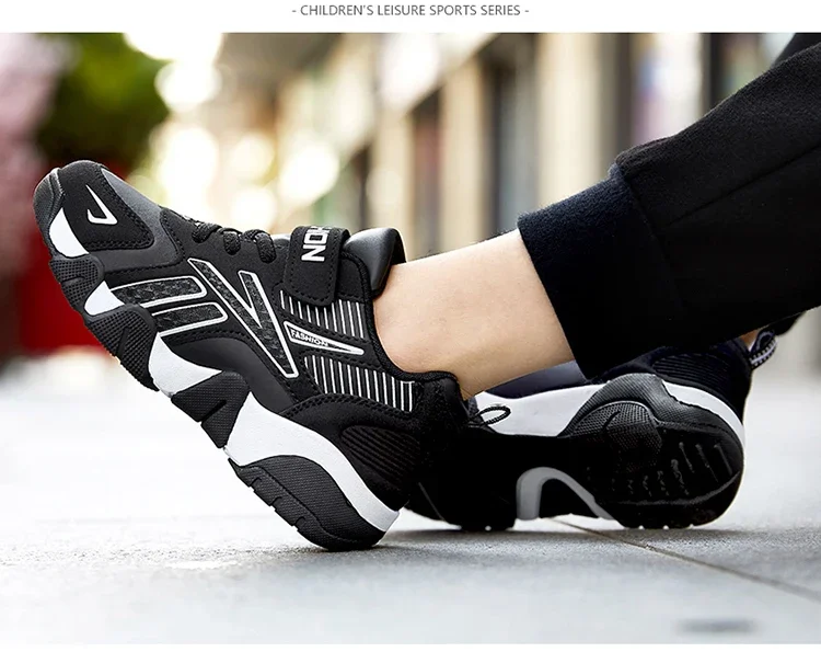 Boys Leather Sneakers - Kids Running Shoes With Rubber Outsole & Hook And Loop Closure