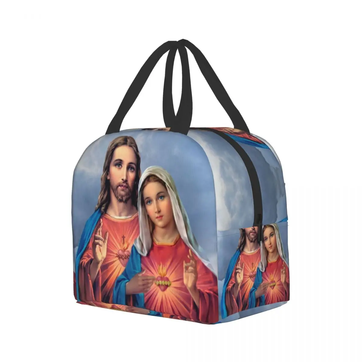 Sacred And Immaculate Hearts Insulated Lunch Bag for Women Jesus and Mary Portable Cooler Thermal Food Lunch Box Camping Travel