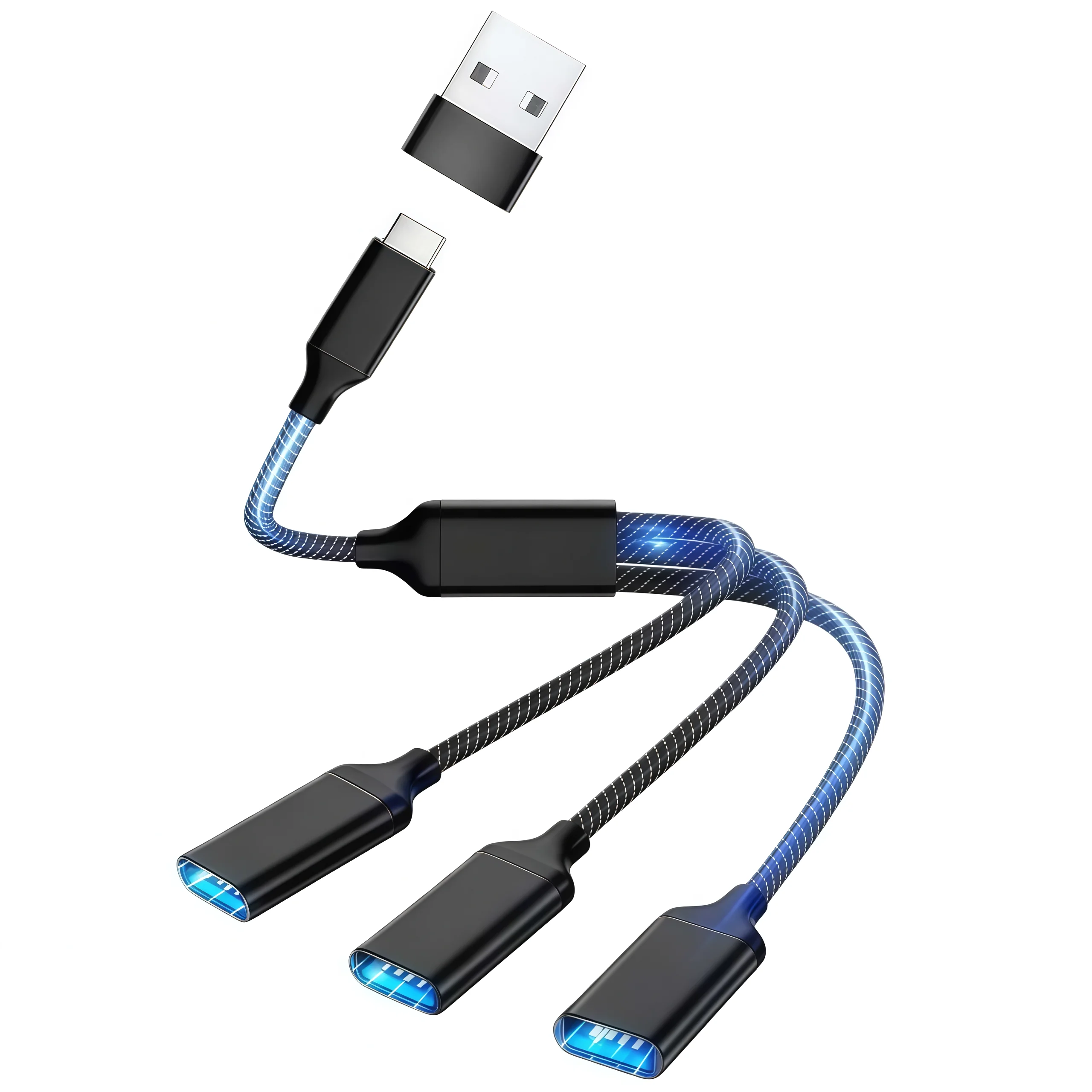 Multifunctional USB-C 3-Port Extension and Fast Charging Cable Adapter