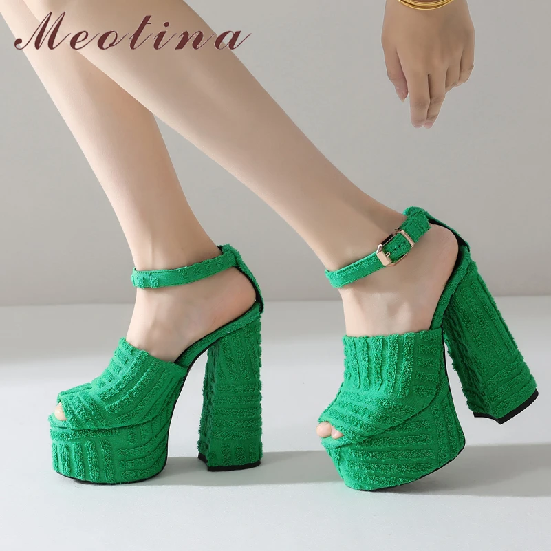 

Meotina Women Ankle Strap Sandals Thick Heel Sandals Super High Heels Platform Buckle Peep Toe Ladies Shoes Summer Beige Green