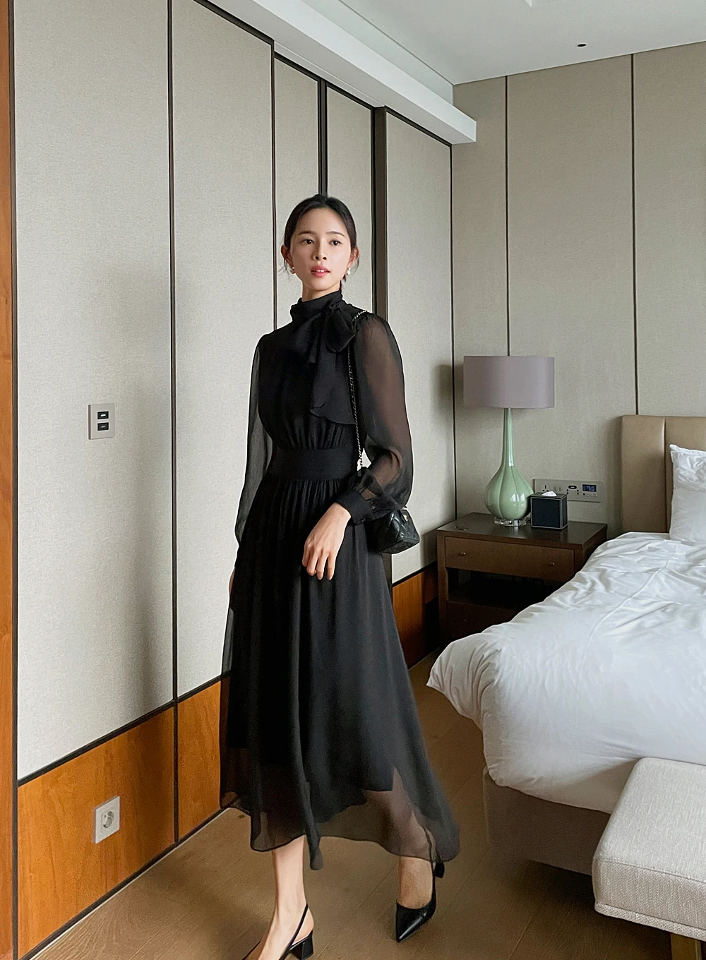 Elegant Midi Dresses for Women Long Sleeves Half High Collar Lace-up A-line Korean Fashion Autumn New One Piece Vestido Mujer