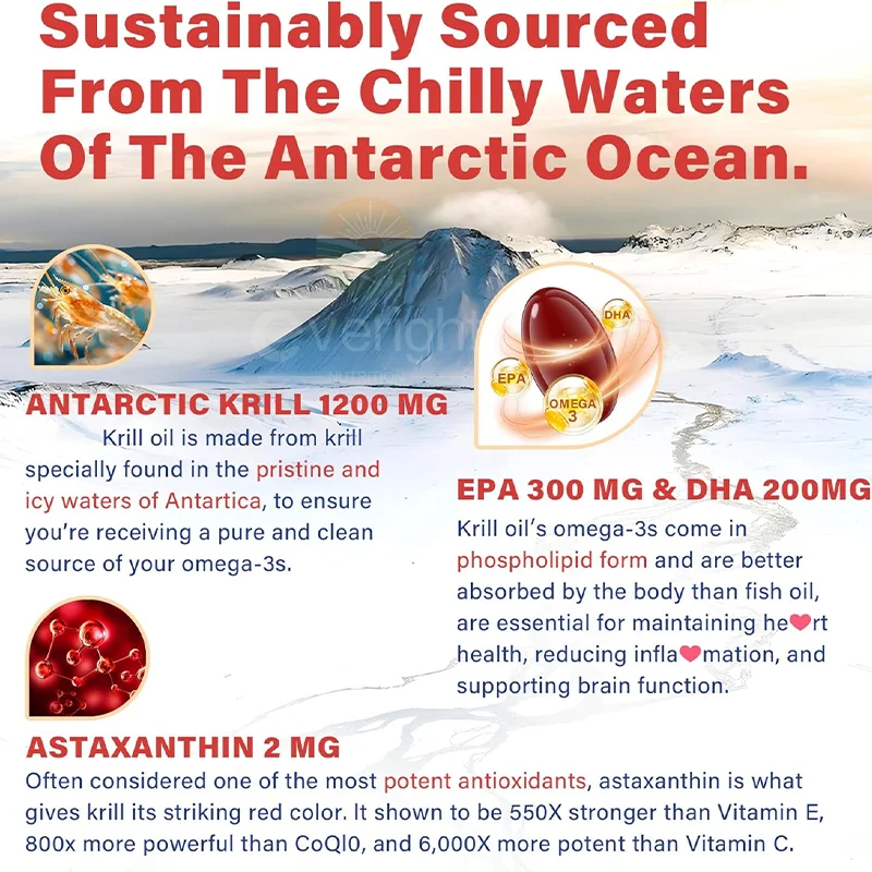 Antarctic Krill Oil 1200 mg with Omega-3 Supplement, EPA & DHA, Astaxanthin & Phospholipids for Heart, Joint, Brain Antioxidant