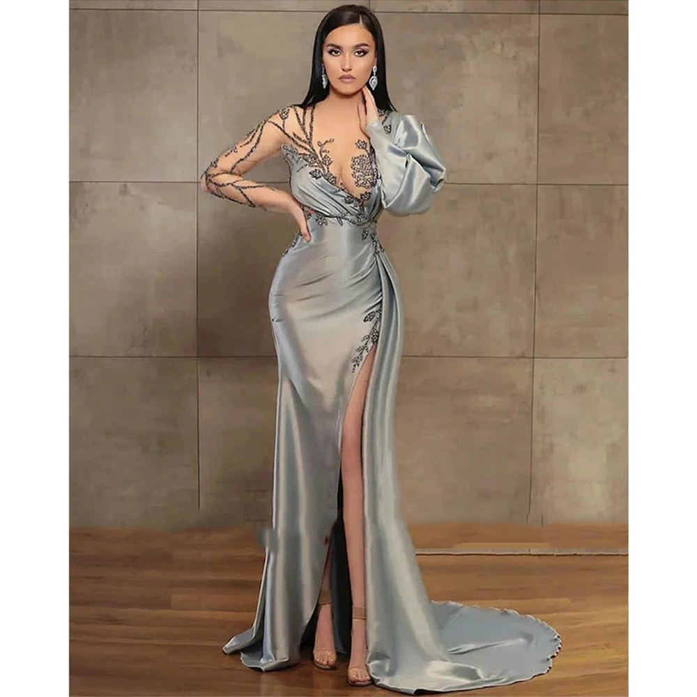 

Grey Women's Evening Dresses Sexy Deep V-Neck Satin Pleated Mermaid Side Split Prom Gowns Formal Beach Party Fashion Celebrity