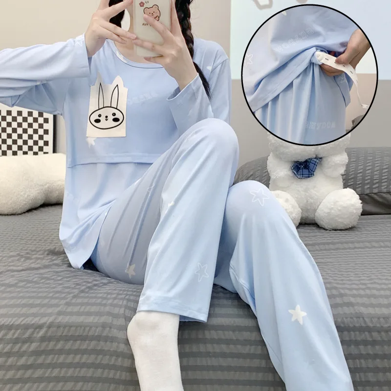 Cotton Pajama Set Maternity Nightgown Set Postpartum woman lactation pajamas set autumn nursing leisurewear cartoon pregnant maternity breastfeeding tops long trousers