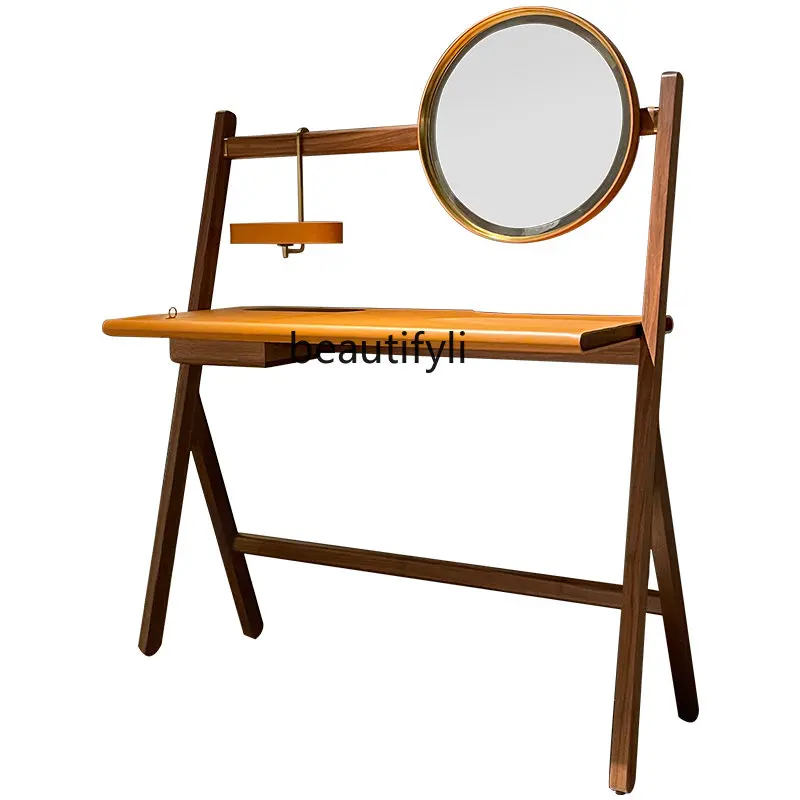 

Italian-Style Dressing Table Bedroom Modern Minimalist Orange Saddle Leather Hard Leather Makeup Table Boqiu Navello Furniture