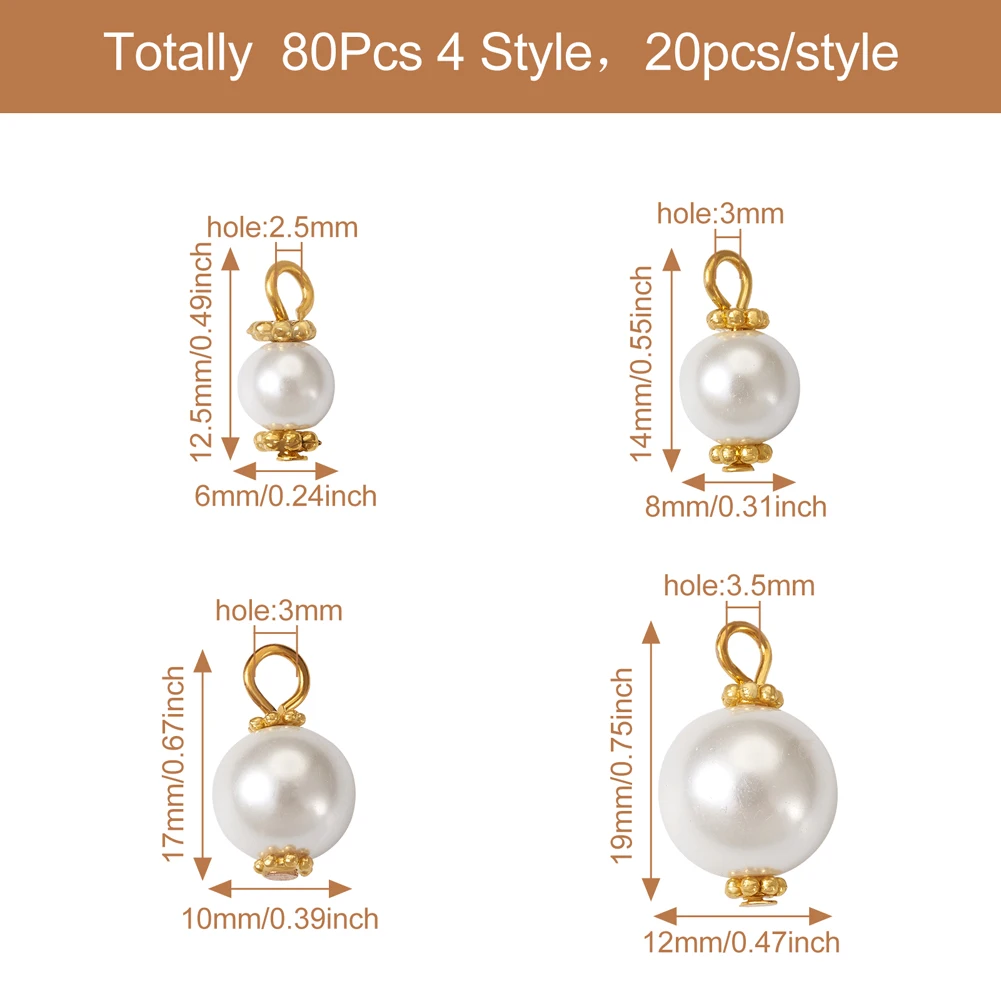 80Pcs Round Glass Pearl Beads Charms Pendants with Alloy Daisy Spacer For Bracelet Necklace Earring DIY Jewelry Making Supplies