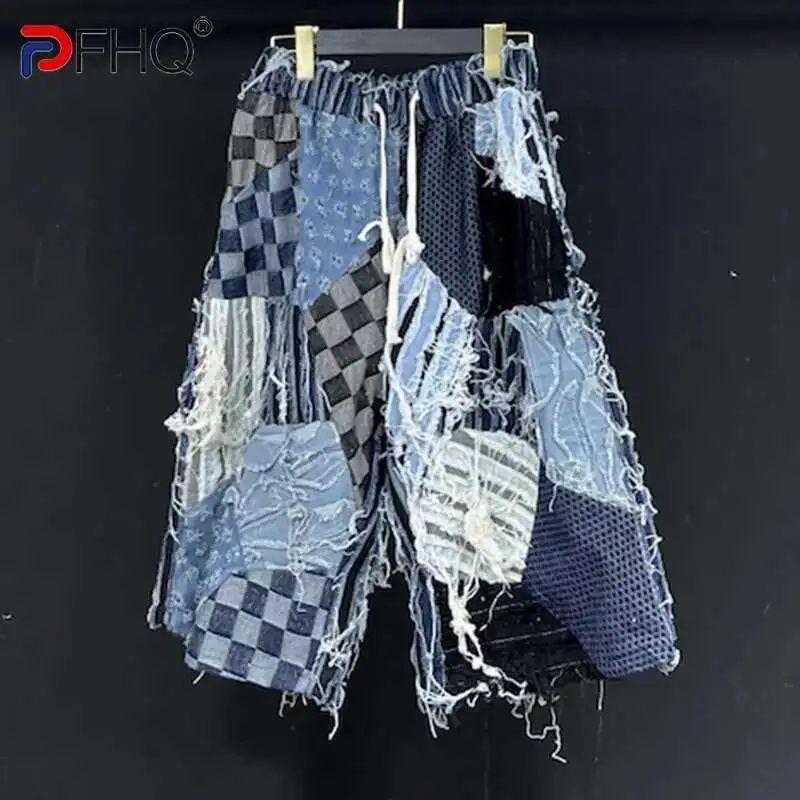 PFHQ Denim Patchwork Shorts Summer Men's Elastic Waist Vintage Washed Fabric Worn Out Wearproof Drawstring Male Original 21Z5028