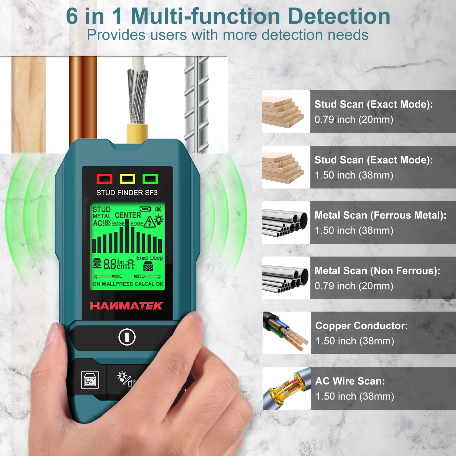 HANMATEK SF3 4 in 1 Stud Finder Wood Studs Metal Detecion Detection of live cable Metal Measurement Finder Wall Detector Scanner 3