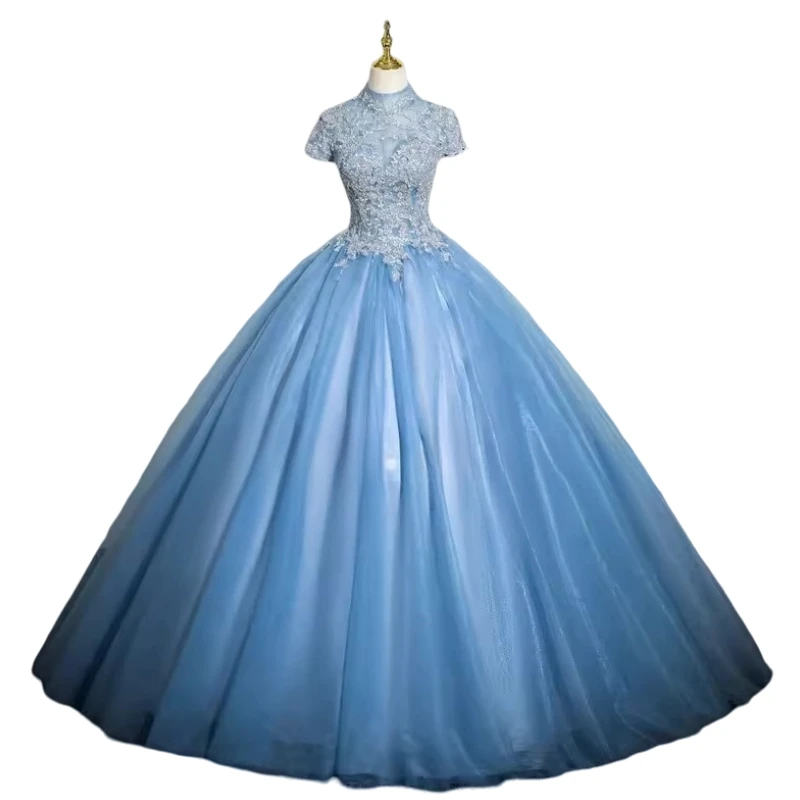 Vestidos Quinceanera azul claro, gola alta, manga curta, aplique de renda, saia inchada, doce 16, vestido de baile, festa de aniversário, imagem real