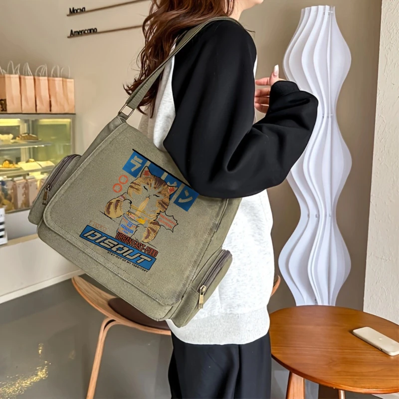 Retro Men's Shoulder Bag Women's Crossbody Bag Canvas Quirky Cat Print Large Capacity Laptop Messenger Bag