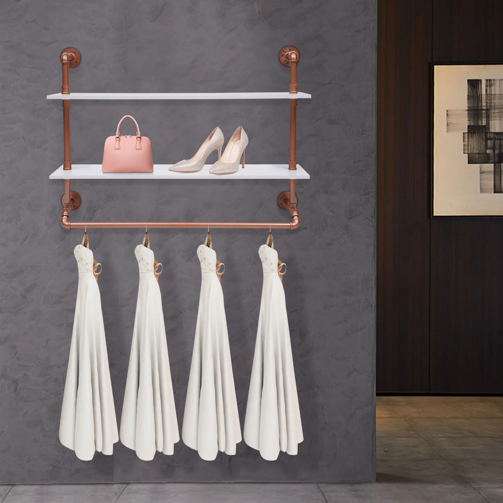 

2 Tier Detachable Clothes Rail Wall Mounted Hanging Rack Retro Industrial Pipe