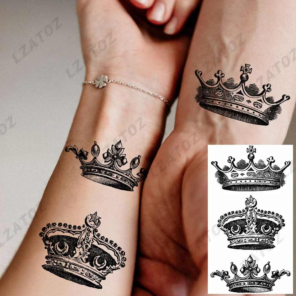 Unique Crown Temporary Tattoos For Woman Man Realistic Barcode Bow Totem Fake Tattoo Sticker Waterproof Hand Black Tatoos