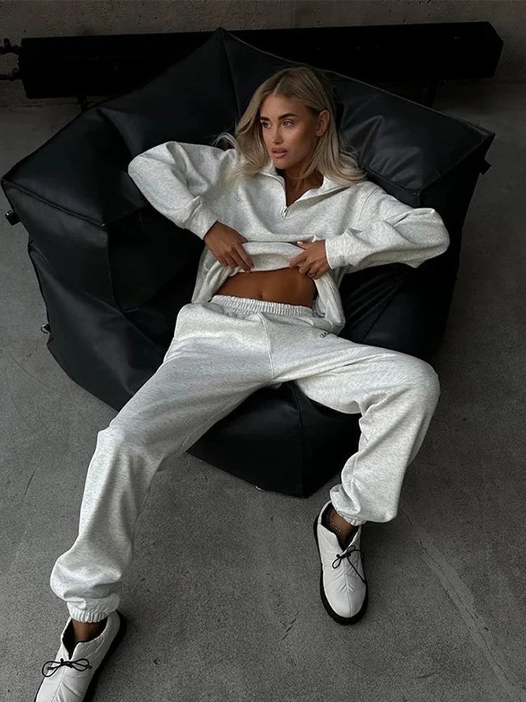 Women's Sports Suit with Zipper, Patchwork, Full Sleeves, Elastic Waist, Female Pants, 2 Piece Sets, Clothing for Ladies
