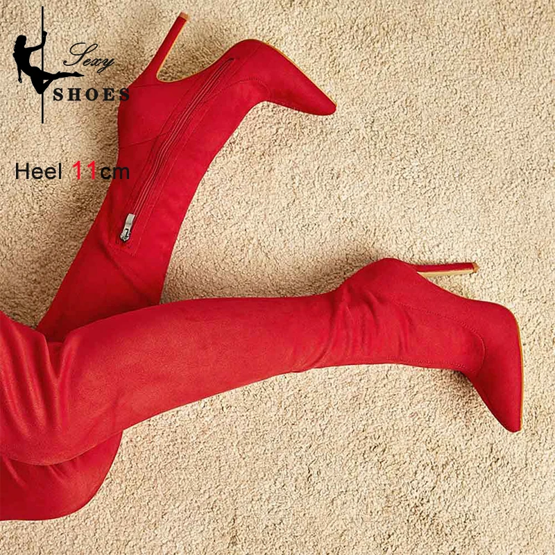 2023 Women's over-the-knee Boots Fashion Pointed Toe Autumn Winter Flock Thigh High Stretch Long Booties Wine Red Stiletto Heels