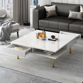 ON-TREND Exquisite High Gloss Coffee Table with 4 Golden Legs and 2 Small Drawers, 2-Tier Square Center Table, White 1