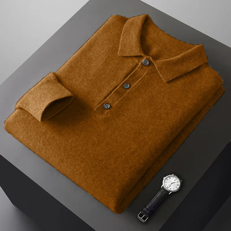 Mens Button Pullover Sweater Lapel Slim Fit Pullover Knit HeavyWeight Polo Sweaters Winter Outdoor Warm Solid Color Streetwear