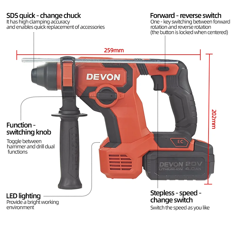 Devon 5408-Li-20V 6-12mm Lithium Brushless Multifunctional Rotary Hammer Cordless Impact Hammer Power Tools For 20V Battery 2